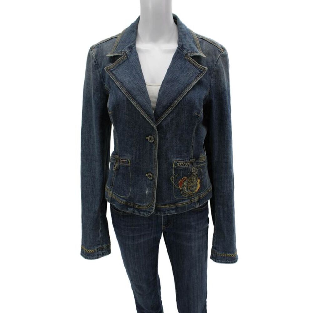 DKNY Jeans Womens Dark Blue Cotton Spandex Collared Button Blazer 90s Size L